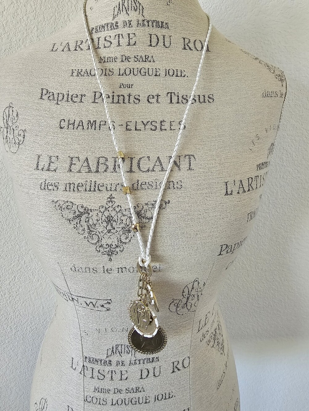 Chico's Gold Medallion Multi-Pendant White Braided Cord Statement Necklaceā
